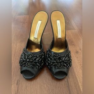 Cynthia Vincent Black Leather Beaded Open Toe Heels